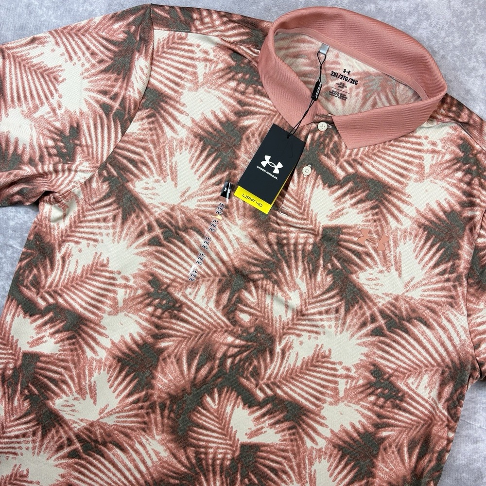 Under Armour The Performance Polo Shirt Mens‎ 2XL Orange Floral Stretch NEW